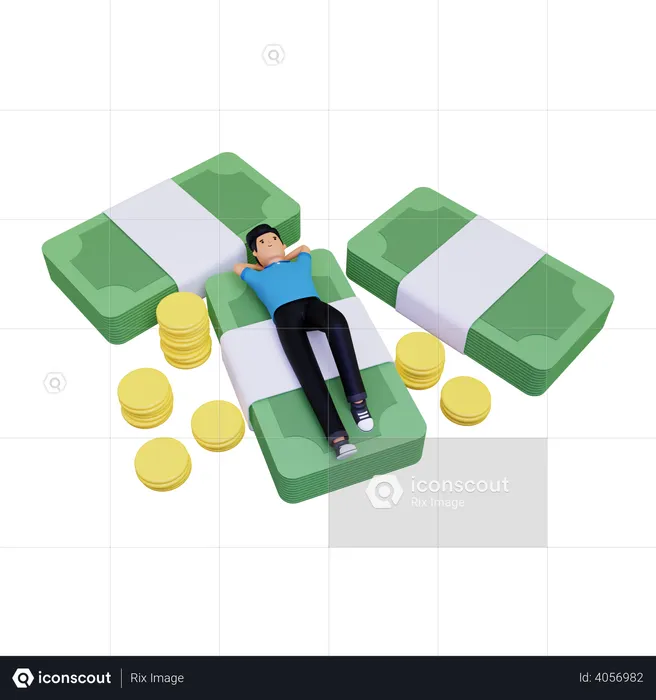 Man relaxing on pile of money  3D Illustration