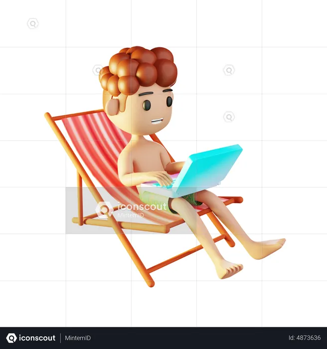 Man relaxing on the beach and working laptop  3D Illustration