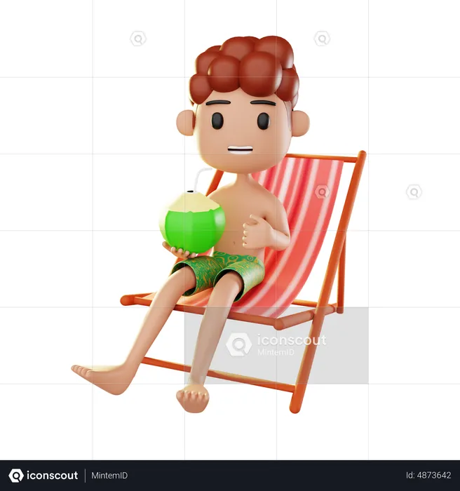 Man relaxing on the beach drinking coconut water  3D Illustration