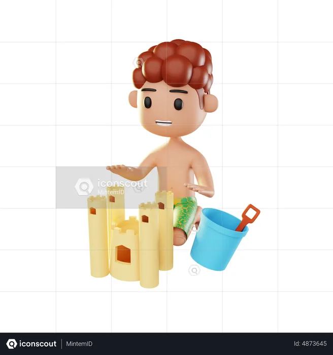 Man relaxing on the beach playing sand castle  3D Illustration