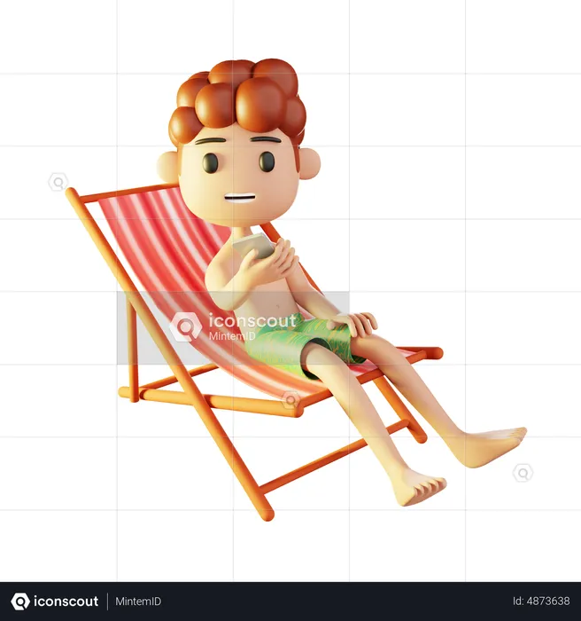 Man relaxing on the beach playing with smartphone  3D Illustration