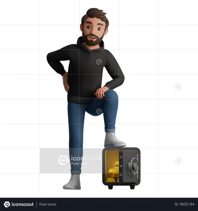 Man rests his foot on a safe with gold  3D Illustration