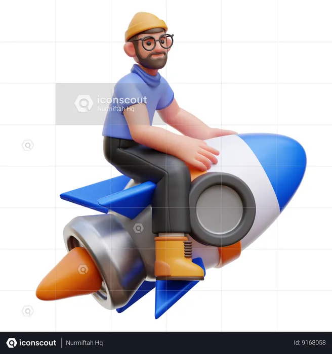 Man Ride Rocket  3D Illustration