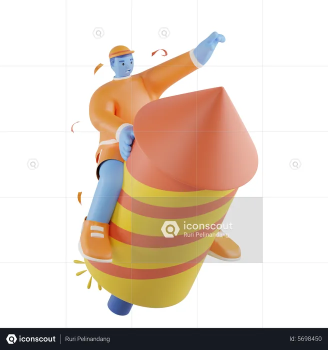 Man riding fireworks rocket  3D Illustration