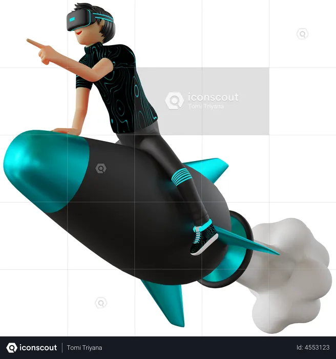Man riding on rocket in metaverse  3D Illustration
