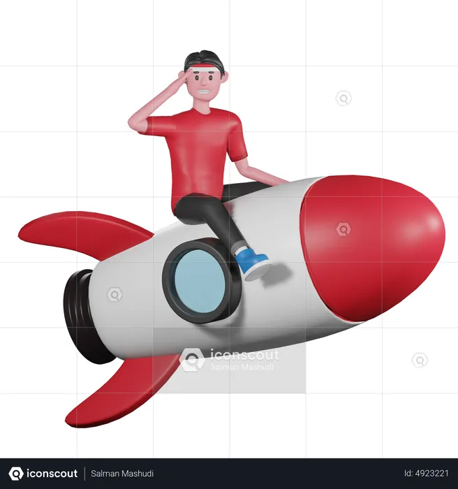 Man Riding Rocket and Giving a Salute  3D Illustration
