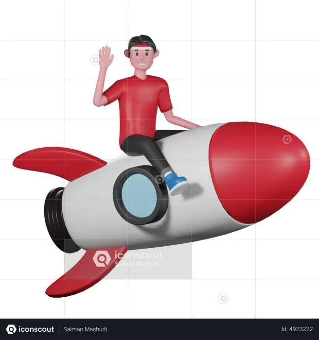 Man Riding Rocket and Saying Hello  3D Illustration