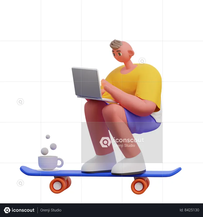 Man Riding Skateboard Chasing Deadline  3D Illustration