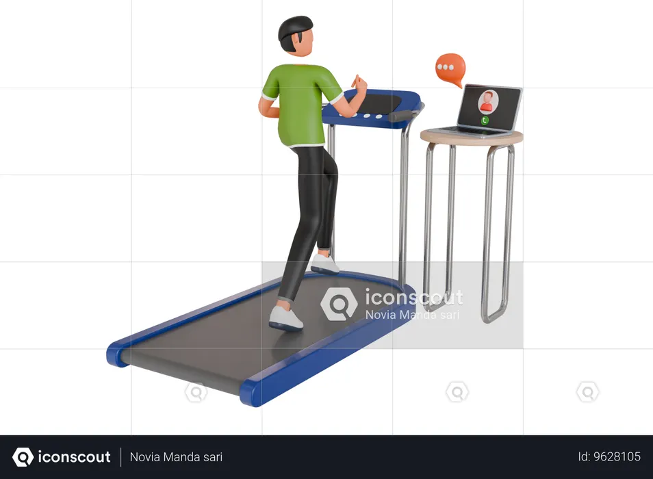 Man Running On Treadmill While Attending Online Meeting  3D Icon