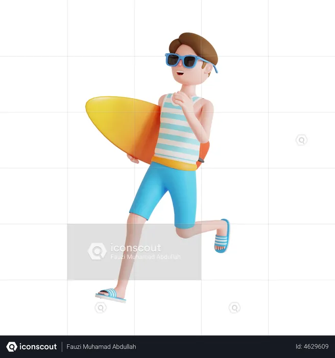 Man running to do surfing  3D Illustration
