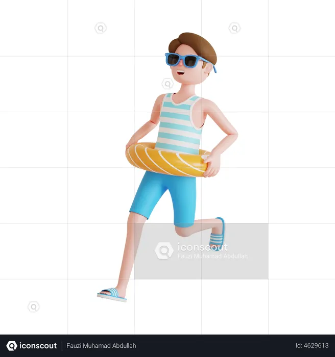 Man running while wearing swimming ring  3D Illustration