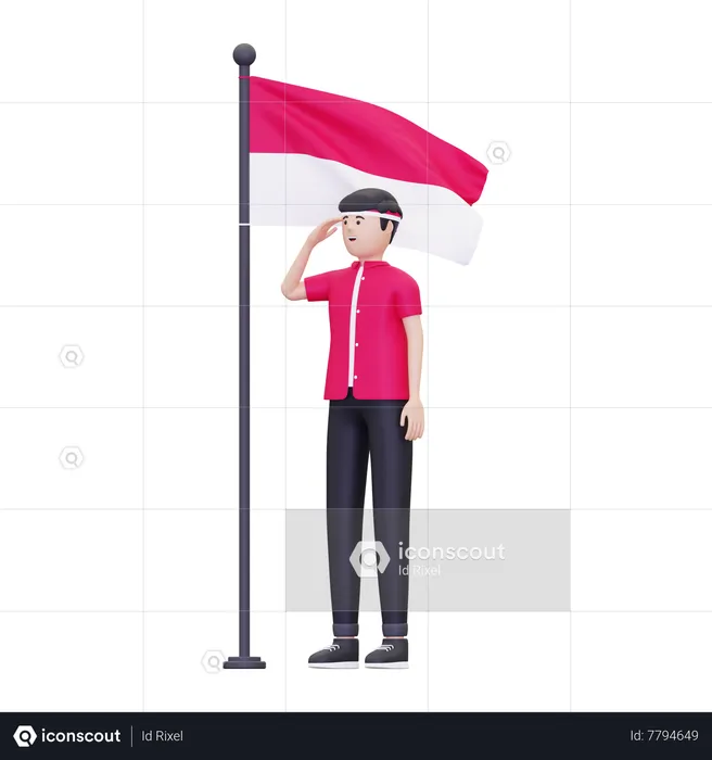 Man salute Indonesian flag  3D Icon