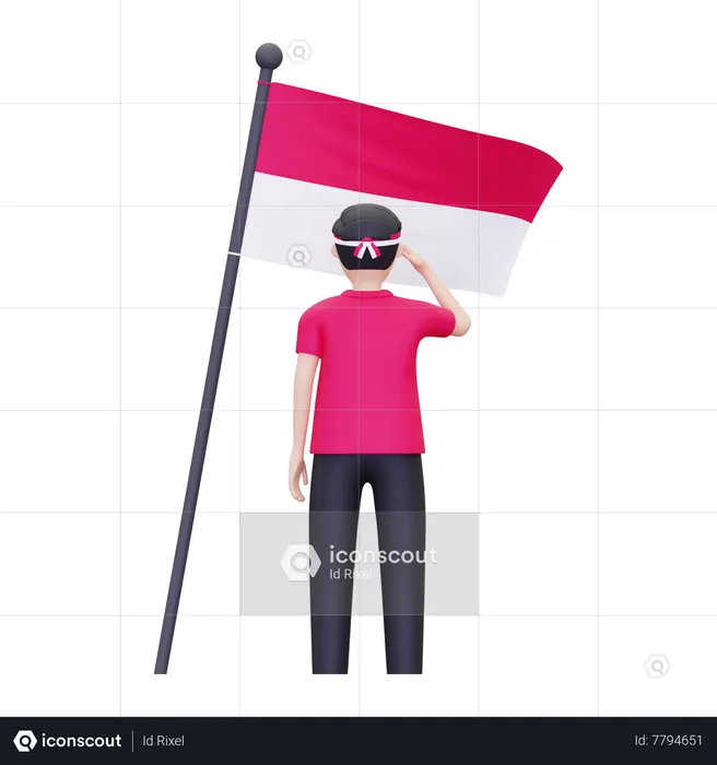 Man salute Indonesian flag  3D Icon
