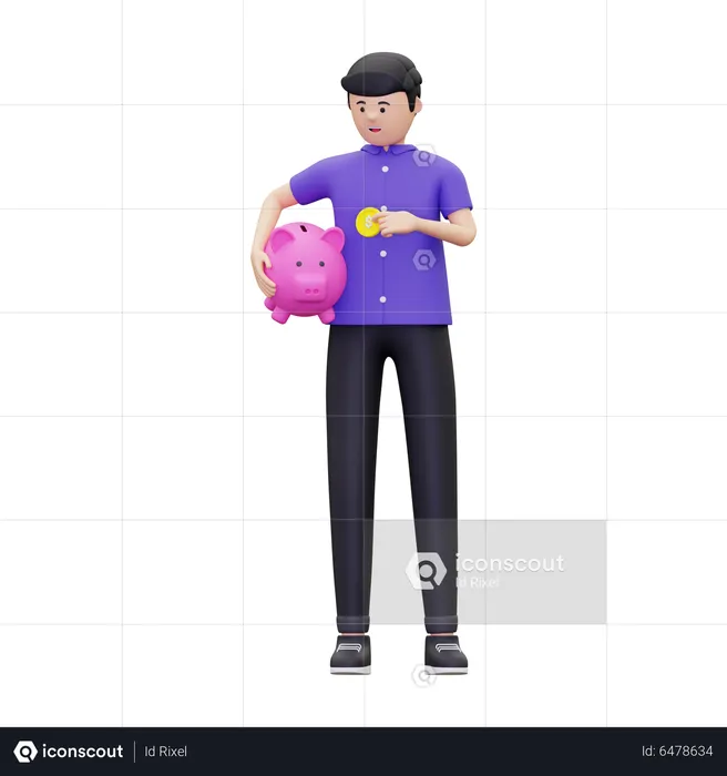 Man Saving Money Into Piggy Bank  3D Illustration