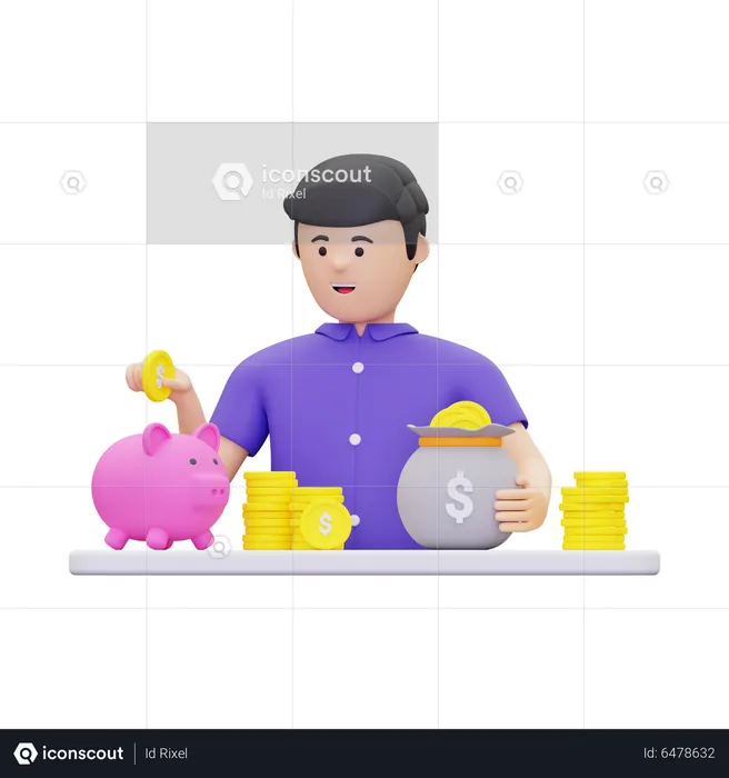 Man Saving Money Into Piggy Bank  3D Illustration