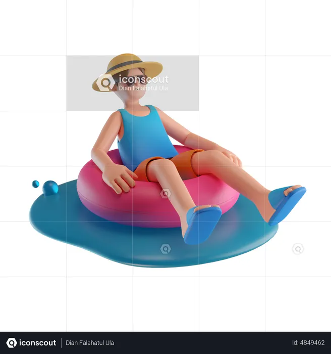 Man Seating in Floating tube on beach  3D Illustration