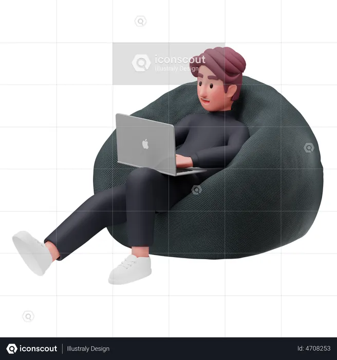Man seating on beanbag and work on laptop  3D Illustration