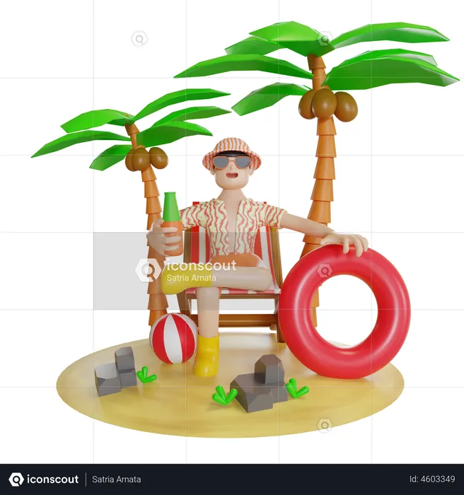 Man seating On Island on beach deck  3D Illustration