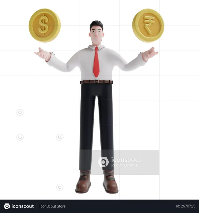 Man showing dollar and rupee  3D Illustration