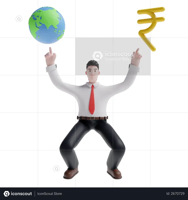 Man showing earth and rupee sign  3D Illustration