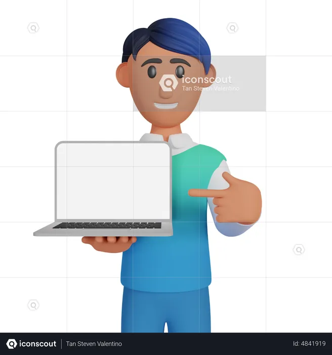 Man Showing Laptop Screen  3D Illustration