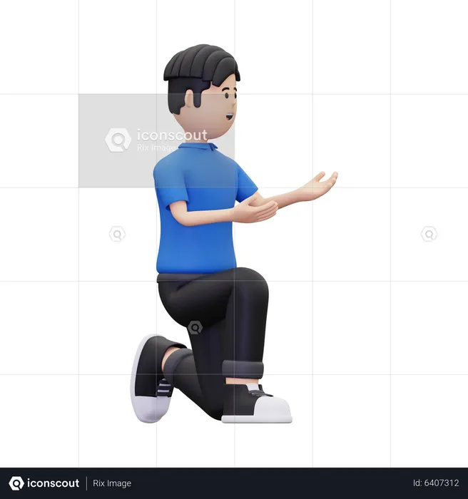 Man sit on knee while showing something right  3D Illustration