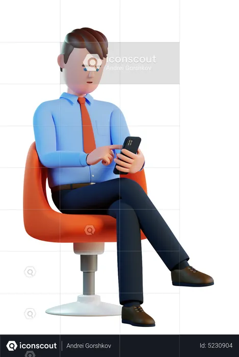 Man sits in a chair with smartphone in his hands  3D Illustration