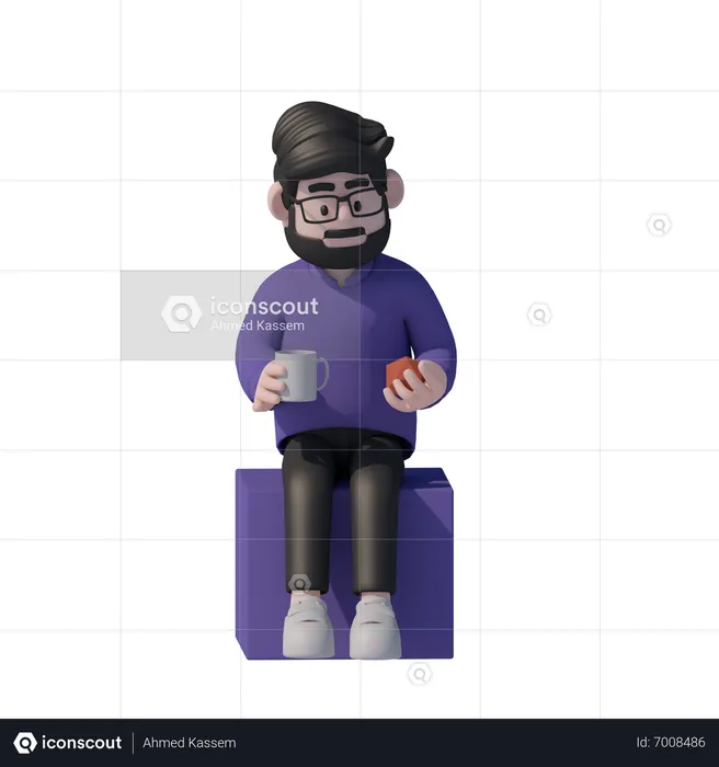 Man Sits On The Cube And Drink Coffee  3D Icon