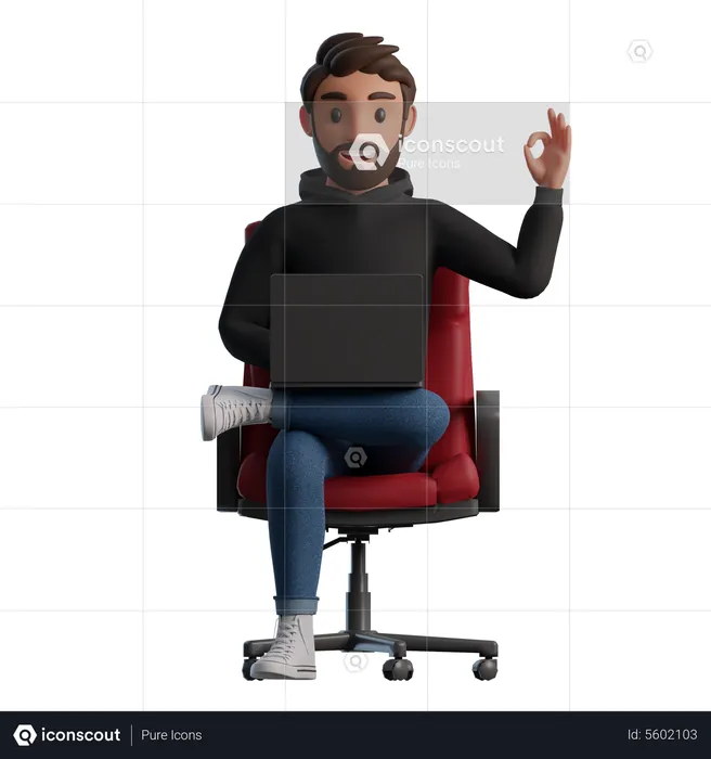 Man sitting in a chair with a laptop shows the OK sign  3D Illustration