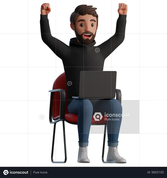 Man sitting in a chair with a laptop is happy  3D Illustration