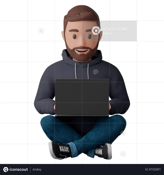 Man sitting in a lotus position with a laptop computer  3D Illustration