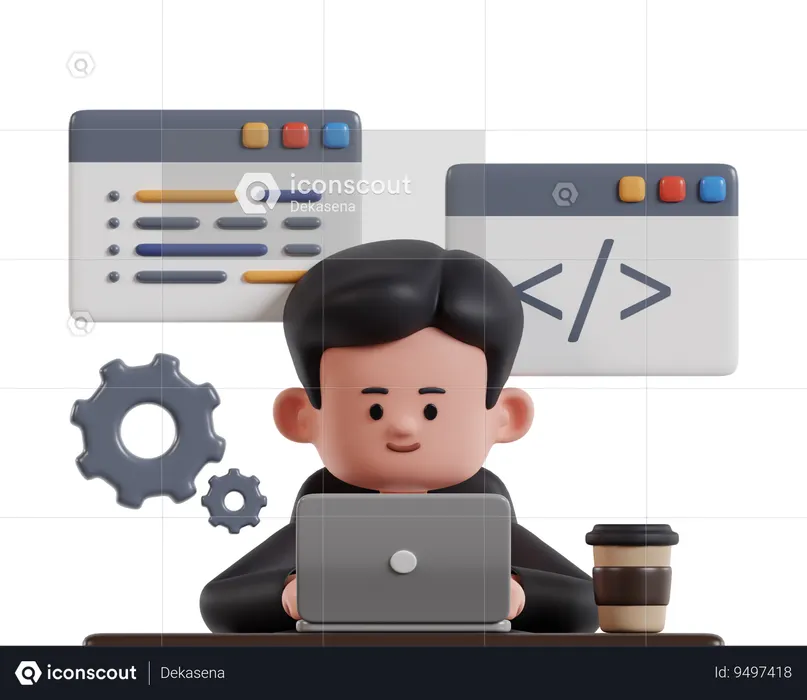 Man Sitting In Front Of A Computer Developing A Program  3D Illustration