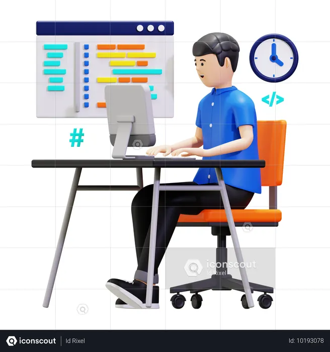 Man Sitting In Front Of Computer Developing Program  3D Illustration