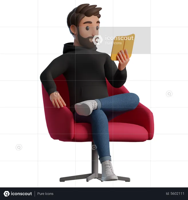 Man sitting on a chair reading a book  3D Illustration