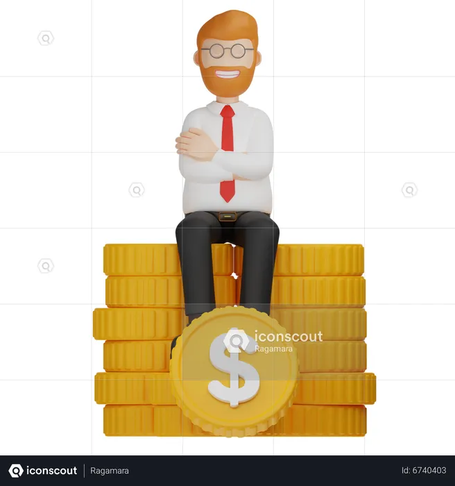 Man Sitting On A Stack Of Gold Coin  3D Illustration