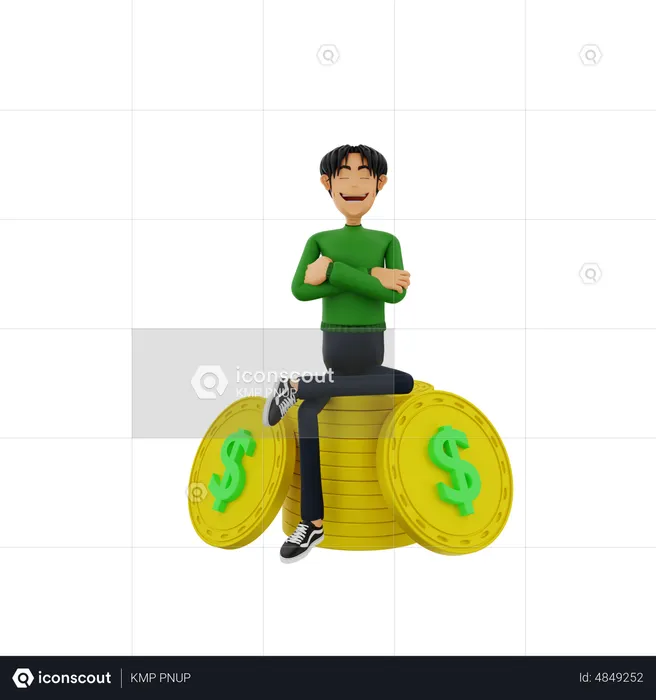 Man sitting on dollar coin  3D Illustration