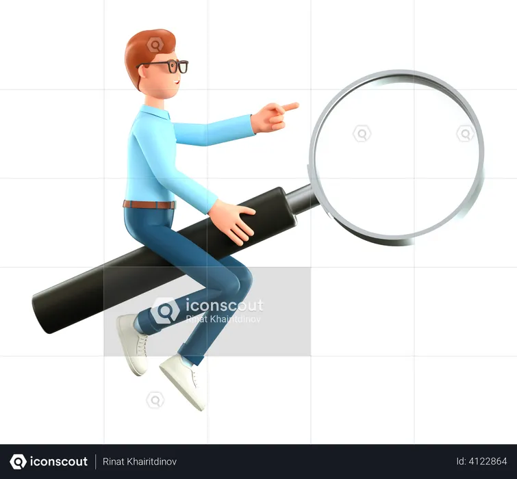 Man sitting on giant magnifying glass  3D Illustration