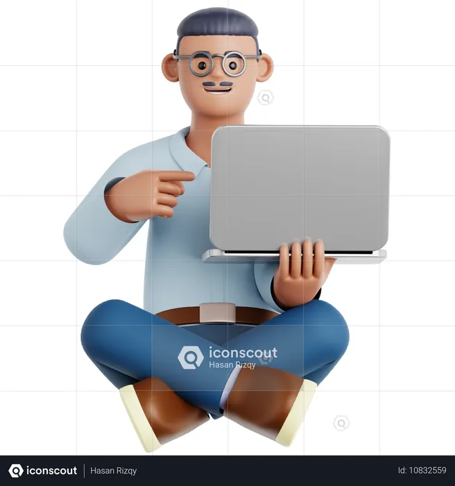 Man Sitting on the Floor with Pointing to laptop  3D Illustration