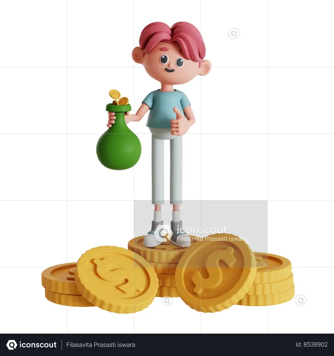 Man Standing On A Pile Of Coin While Holding Money Bag  3D Illustration
