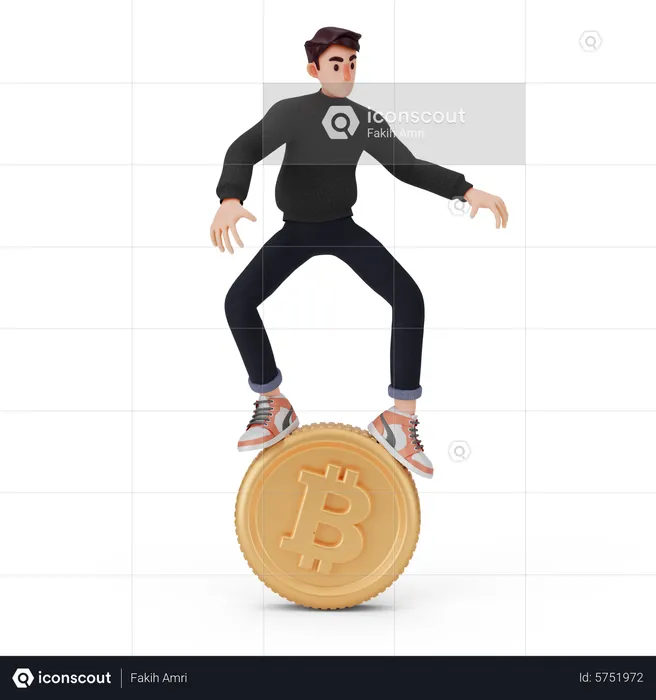 Man standing on bitcoin  3D Illustration