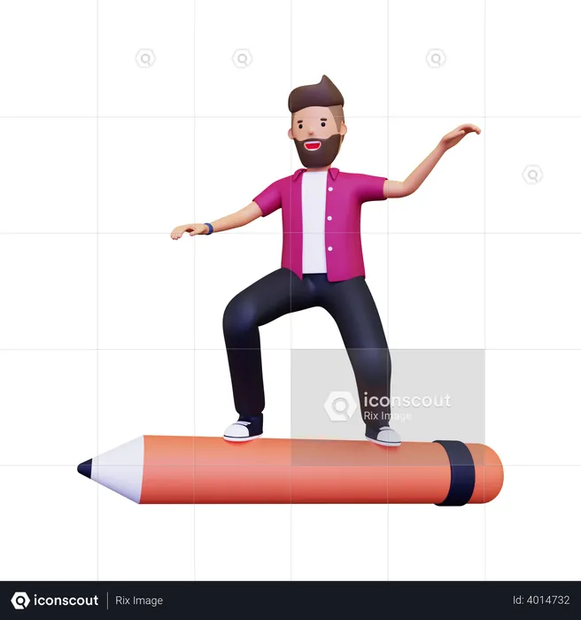 Man Standing On Large Pencil  3D Illustration