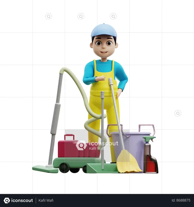 Man Standing With Cleaning Tool  3D Illustration