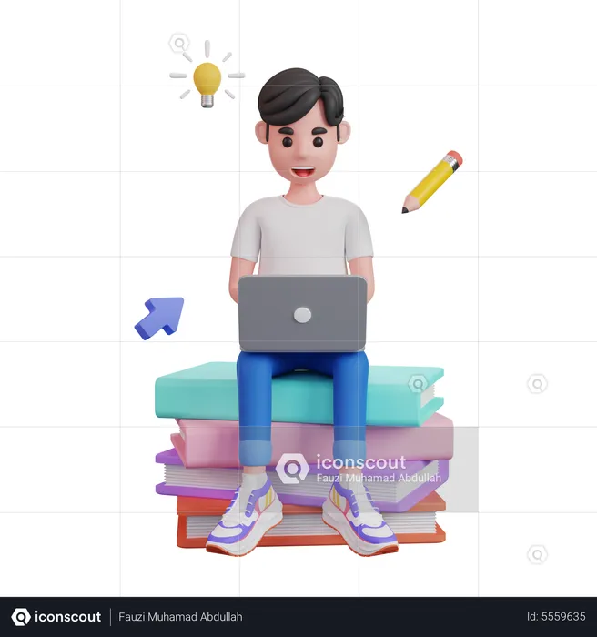 Premium Man Studying On Laptop While Sitting On Books 3D Illustration  download in PNG, OBJ or Blend format