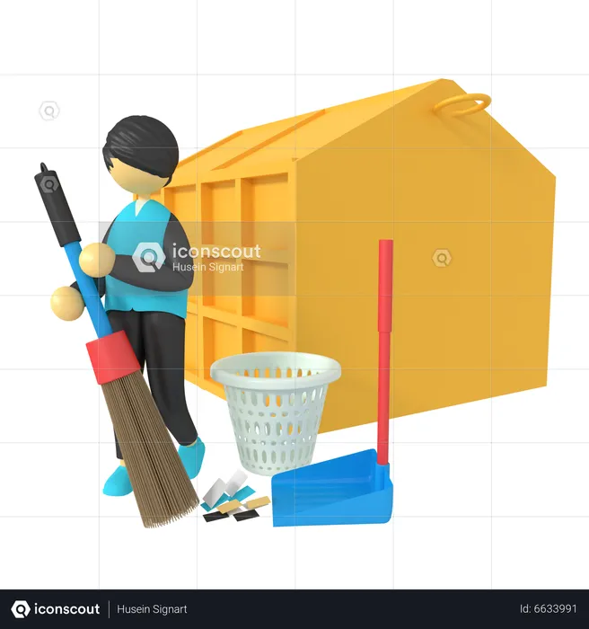 Man sweeping  trash with broom stick  3D Illustration
