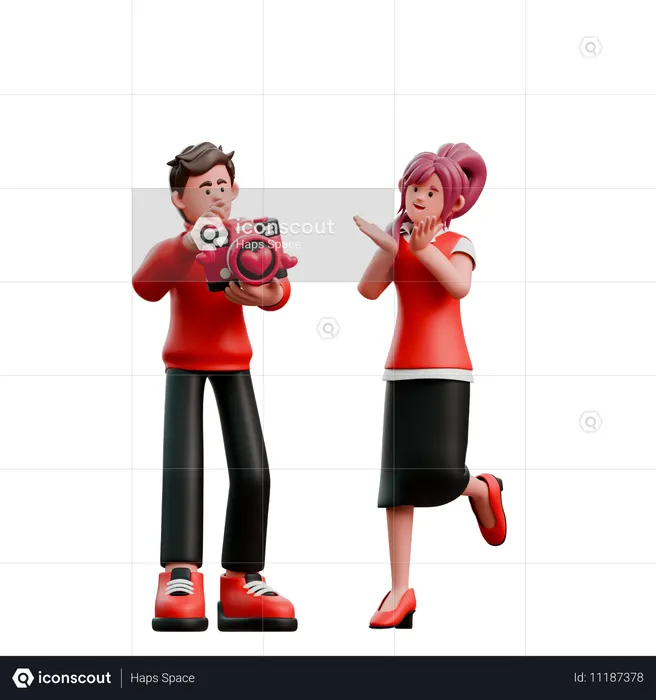 카메라를 사용하여 친구의 사진을 찍는 남자  3D Illustration