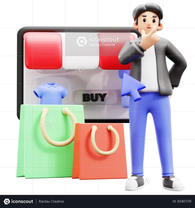 Man thinking about online shopping  3D Illustration