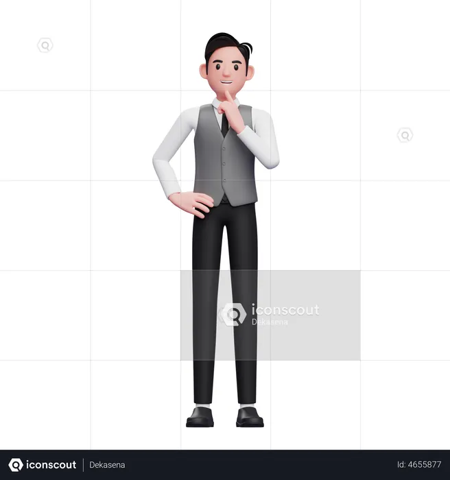 Man thinking pose standing with hand on waist wearing a gray office vest  3D Illustration