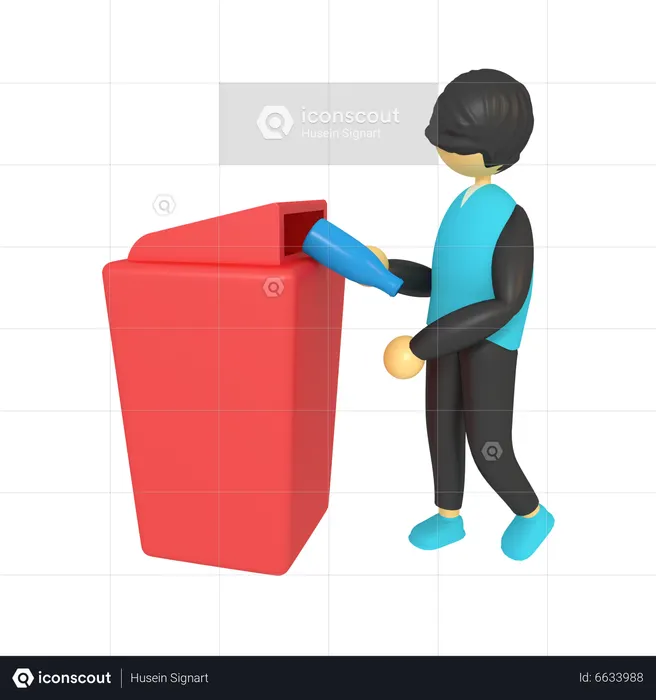 Man throws bottle in dustbin  3D Illustration