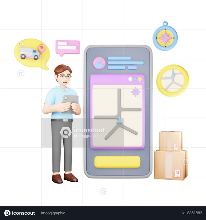 Man tracking delivery location via mobile app  3D Illustration