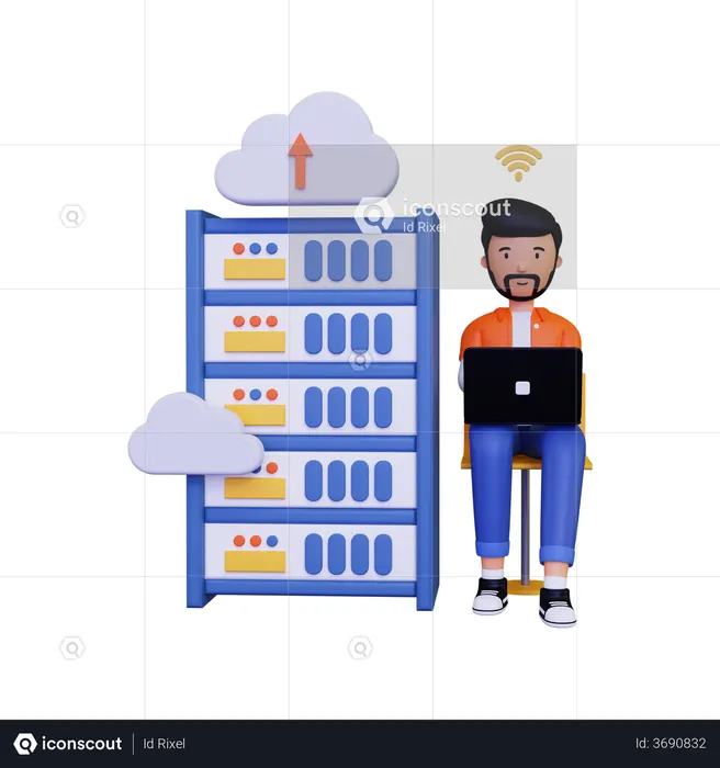 Man uploading data on server  3D Illustration